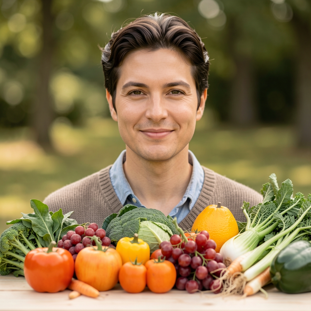 Vier Gruppen saisonalen Obsts und Gemüses nebeneinander auf hellem Holzuntergrund, jeweils einer Jahreszeit zugeordnet, Draufsicht