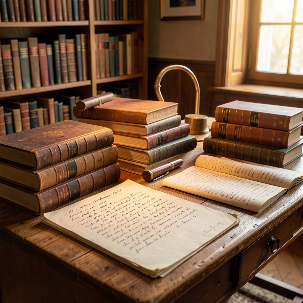 Alte wissenschaftliche Bücher und handgeschriebene Notizen auf einem Holztisch, historische Rechercheatmosphäre mit warmem Bücherlicht