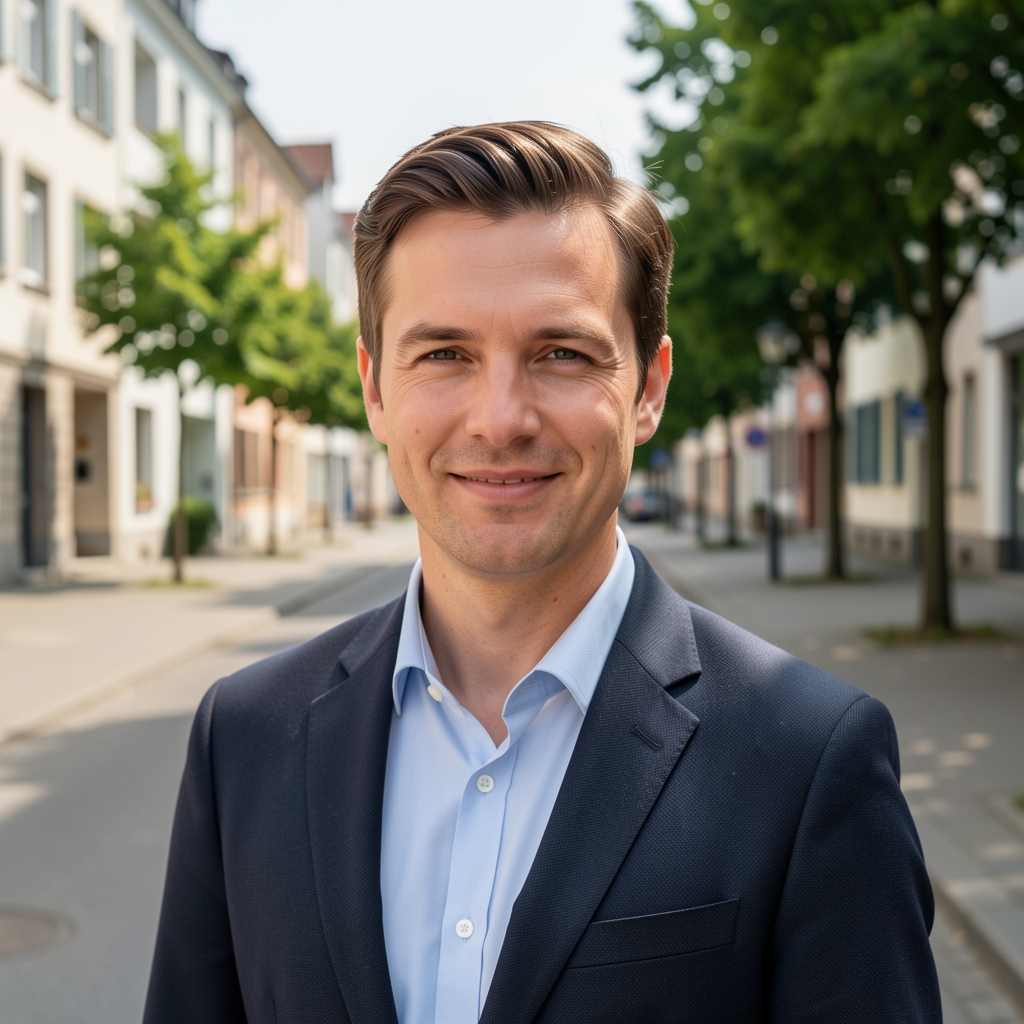 Ruhige Stadtstraße in München mit Wohnhäusern, grünen Bäumen und breitem Bürgersteig an einem sonnigen Tag