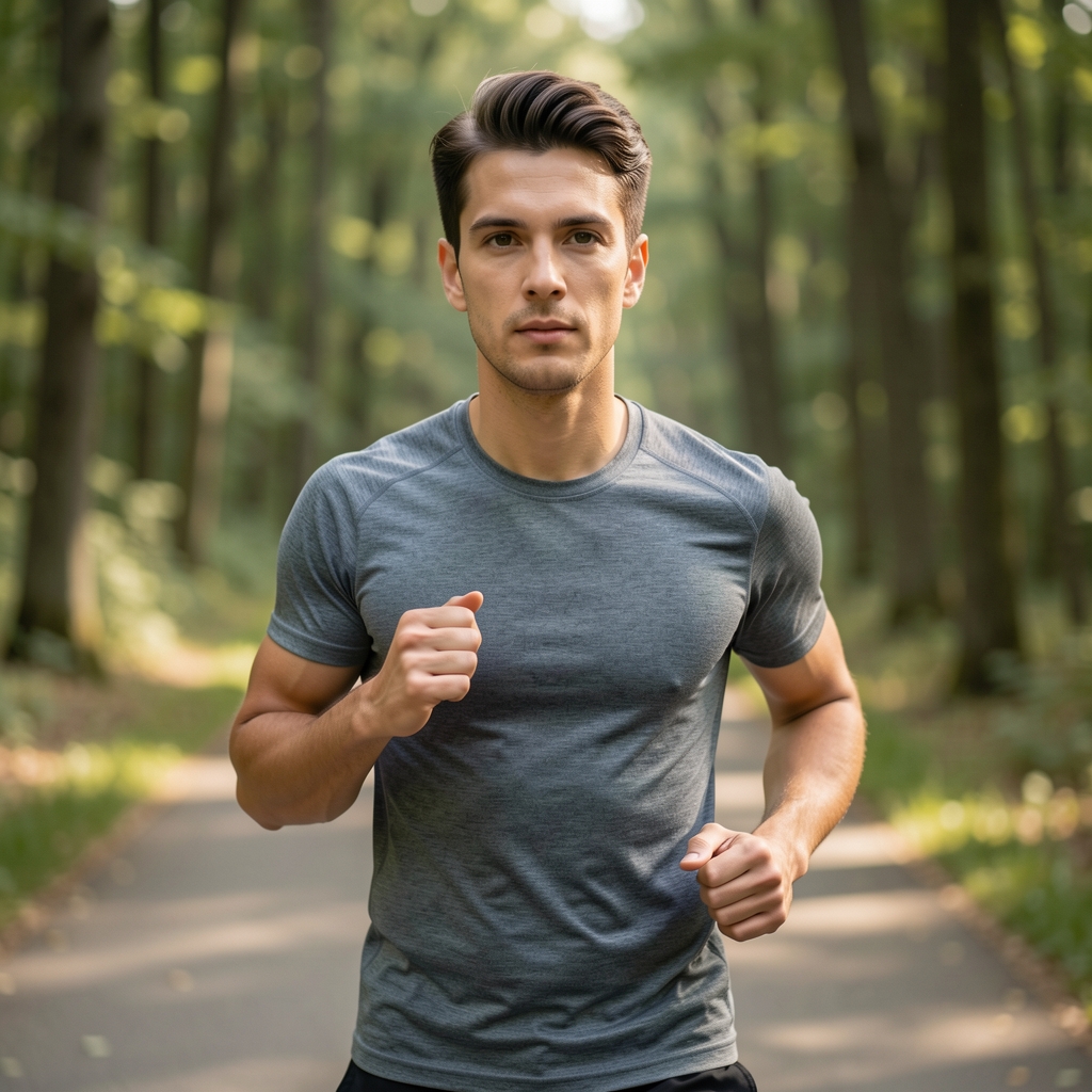 Person in sportlicher Kleidung beim ruhigen Joggen auf einem breiten Waldweg, umgeben von Bäumen mit weichem Tageslicht