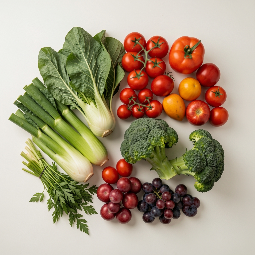 Frische, sortierte Gemüse- und Obstsorten auf einem hellen, neutralen Hintergrund in dokumentarischer Vogelperspektive